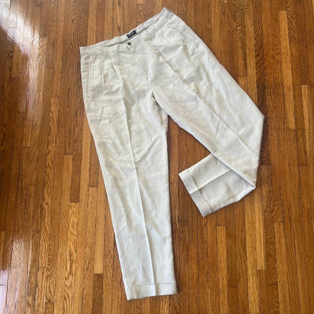 Vintage 90s Dockers Beige Linen-Cotton Pleated Cuffed Pants - Men's 37x32.5
